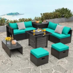 Costway 9 Pieces Patio Furniture Set With 50,000 BTU Propane Fire Pit Table Black/Gray/Navy/Red/White/Turquoise -Costway GUEST d9a81cac 666b 409d 9303 86f7fe092a19