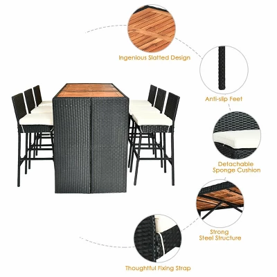 COSTWAY 7 PCS Patio Rattan Wicker Bar Dining Furniture Set Wood Table Top 6 Stools 11 COSTWAY 7 PCS Patio Rattan Wicker Bar Dining Furniture Set Wood Table Top 6 Stools - Image 9