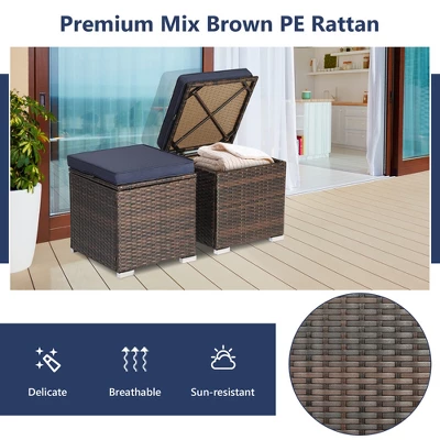 Costway 2PCS Patio Rattan Ottomans Seat Side Table Storage Box Footstool W/Cushions Navy 9 Costway 2PCS Patio Rattan Ottomans Seat Side Table Storage Box Footstool W/Cushions Navy - Image 7