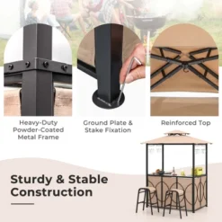 Costway 3 PCS Patio Bar Set With Tempered Glass Bar Table Metal Storage Shelves For Garden Brown/Grey -Costway GUEST dade1a2b fd6d 44a1 990c 657c07b75c34