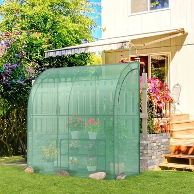 Costway 7'x 3.5'x 7' Lean-to Greenhouse Portable Wall House With Green PE Cover And Shelf 4 Costway 7'x 3.5'x 7' Lean-to Greenhouse Portable Wall House With Green PE Cover And Shelf - Image 2