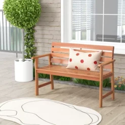 Costway Patio Solid Wood Bench Wood 2-Seat Chair With Slatted Seat & Inclined Backrest -Costway GUEST db5fcd81 bcb7 470e 8366 6f442d149ec8