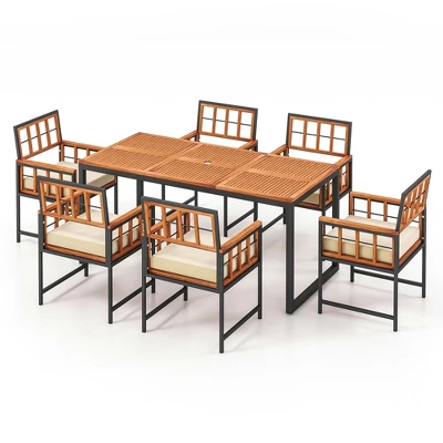 Costway 7 PCS Patio Dining Set Outdoor Acacia Wood Table With Soft Cushions Umbrella Hole 11 Costway 7 PCS Patio Dining Set Outdoor Acacia Wood Table With Soft Cushions Umbrella Hole - Image 9