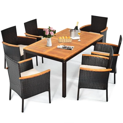 Costway 7PCS Patio Rattan Dining Set Armrest Cushioned Chair Wooden Tabletop 10 Costway 7PCS Patio Rattan Dining Set Armrest Cushioned Chair Wooden Tabletop - Image 8