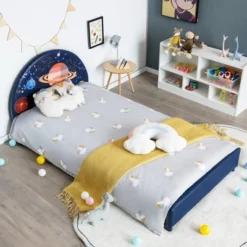 Costway Kids Upholstered Platform Bed Children Twin Size Wooden Bed Galaxy Pattern
