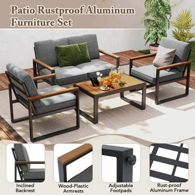 Costway 4 PCS Patio Aluminum Furniture Set Wood-Plastic Armrests & Tabletop For Balcony 8 Costway 4 PCS Patio Aluminum Furniture Set Wood-Plastic Armrests & Tabletop For Balcony - Image 6