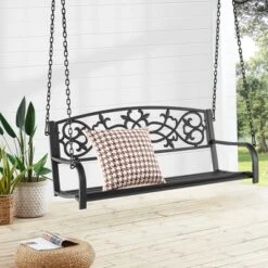 Costway 2-Person Metal Outdoor Porch Swing Hanging Patio Bench 485 Lbs Capacity BlackBrown -Costway GUEST dd9415d1 0871 45f6 b13d 043698590178