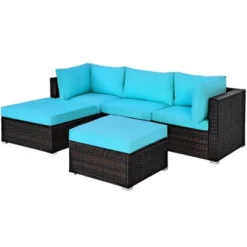 Costway 5PCS Patio Rattan Sectional Conversation Set Ottoman Turquoise