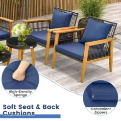 Costway 5PCS Outdoor Rattan Woven Conversation Set Stable Acacia Wood Frame For Backyard Navy/Beige -Costway GUEST dde0b5fc 2639 4a22 a0e6 e8770ea2423e