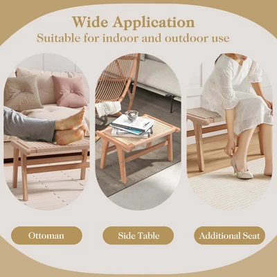 Costway 1/2 PCS Teak Wood Ottoman Footstool With Braided Rope For Living Room Bedroom Office 5 Costway 1/2 PCS Teak Wood Ottoman Footstool With Braided Rope For Living Room Bedroom Office - Image 3