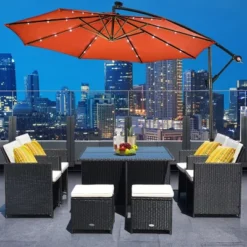 Costway 10' Hanging Solar LED Umbrella Patio Sun Shade Offset Market W/Base Orange -Costway GUEST de59bdb0 0445 4aa1 95f9 f47d5988079b