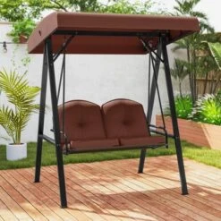 Costway 2-Person Outdoor Porch Swing Swing Loveseat With A-Shaped Metal Stand Beige/Wine/Navy/Gray/Brown -Costway GUEST df21e44b 0c7f 4e0c 9d99 cf19114a402b