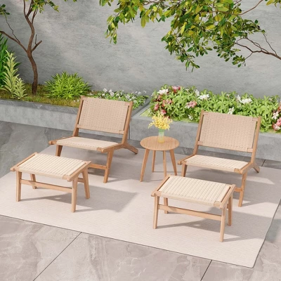 Costway 1/2 PCS Teak Wood Ottoman Footstool With Braided Rope For Living Room Bedroom Office 6 Costway 1/2 PCS Teak Wood Ottoman Footstool With Braided Rope For Living Room Bedroom Office - Image 4