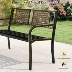 Costway 50" Outdoor Metal Park Bench With Rattan-Like Backrest & Curved Armrests -Costway GUEST dfeda68e 9463 456d 9196 f18ac2b9f7ff