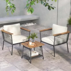 Costway 3 PCS Patio Furniture Set With 2-Tier Coffee Table Acacia Wood Armrests Tabletop