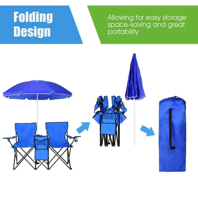 Costway Portable Folding Picnic Double Chair W/Umbrella Table Cooler Beach Camping Chair 7 Costway Portable Folding Picnic Double Chair W/Umbrella Table Cooler Beach Camping Chair - Image 5