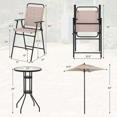 Costway 4PCS Patio Bistro Set Folding Counter Height Chairs Round Bar Table& Umbrella 4 Costway 4PCS Patio Bistro Set Folding Counter Height Chairs Round Bar Table& Umbrella - Image 2