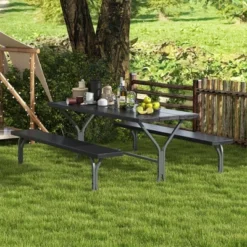 Costway 6 FT Picnic Table Bench Set Outdoor Dining Table & 2 Benches With Metal Frame Green/White/Black/Grey -Costway GUEST e12965be 9ab7 41f6 8905 a0c727257bdf