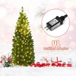 Costway 4.5Ft6.5Ft7.5Ft Pre-lit Hinged Pencil Christmas Tree W/Pine Cones Red Berries & 150250350 Lights -Costway GUEST e1374ccb 435c 4029 aa0b 080c49b90710