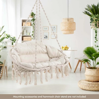 Costway Swing Chair Hand-Woven Rope Hanging Chair With Thick Cushion & Folding Metal Frame 3 Costway Swing Chair Hand-Woven Rope Hanging Chair With Thick Cushion & Folding Metal Frame