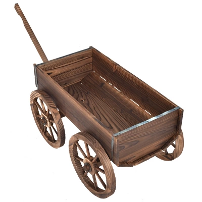 Costway Wood Wagon Flower Planter Pot Stand Garden W/Wheels 6 Costway Wood Wagon Flower Planter Pot Stand Garden W/Wheels - Image 4