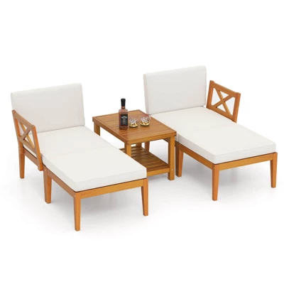 Costway 5 PCS Acacia Wood Patio Chaise Lounge Chair Set With 2-Tier Coffee Table Cushions 3 Costway 5 PCS Acacia Wood Patio Chaise Lounge Chair Set With 2-Tier Coffee Table Cushions