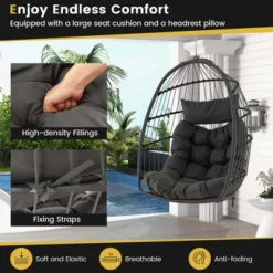 Costway Hanging Egg Chair Wicker Swing Hammock Chair With Head Pillow & Seat Cushion Gray -Costway GUEST e44cdb66 b03f 41ad 9597 ebf232f9c8f2