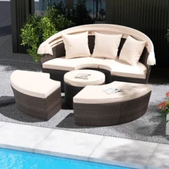 Costway Patio Round Daybed PE Rattan Cushioned Sectional Seating With Retractable Canopy -Costway GUEST e4506617 a72c 401a a9ff 75e2fc47f932