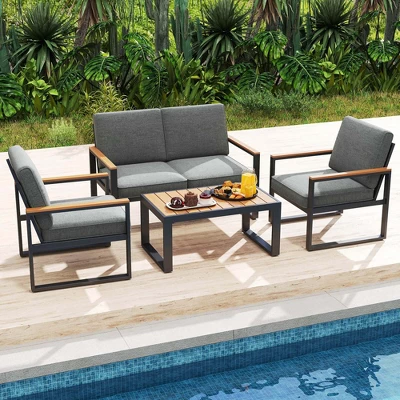 Costway 4 PCS Patio Aluminum Furniture Set Wood-Plastic Armrests & Tabletop For Balcony 5 Costway 4 PCS Patio Aluminum Furniture Set Wood-Plastic Armrests & Tabletop For Balcony - Image 3