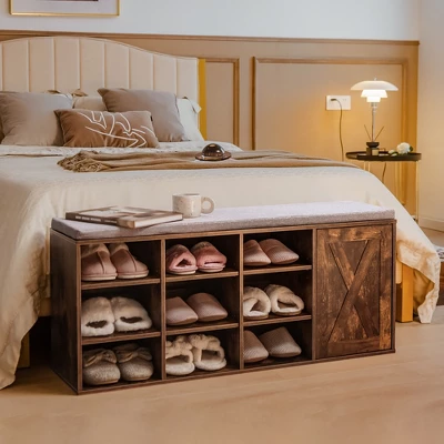 Costway Shoe Bench W/Padded Cushion 9-cube Adjustable Storage Shoe Rack Rustic Brown 4 Costway Shoe Bench W/Padded Cushion 9-cube Adjustable Storage Shoe Rack Rustic Brown - Image 2