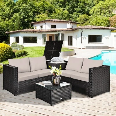 Costway 4PCS Outdoor Patio Rattan Furniture Set Cushioned Loveseat Storage Table 4 Costway 4PCS Outdoor Patio Rattan Furniture Set Cushioned Loveseat Storage Table - Image 2