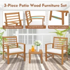 Costway 3 PCS Outdoor Furniture Set Acacia Wood Conversation Set With Soft Seat Cushions White/Grey/Navy -Costway GUEST e89fca43 e800 4c68 8322 97ee711eae50