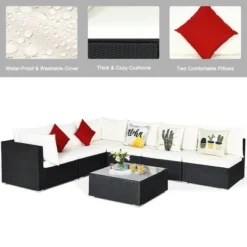 Costway 7PCS Patio Rattan Furniture Set Sectional Sofas Off White & Navy Cushion Covers -Costway GUEST e905d2ce 2542 48f4 9c60 488d3f354d14