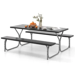 Costway 6 FT Picnic Table Bench Set Outdoor Dining Table & 2 Benches With Metal Frame Green/White/Black/Grey -Costway GUEST e9a875b9 d487 4f1f 9b99 6539229ba2ef