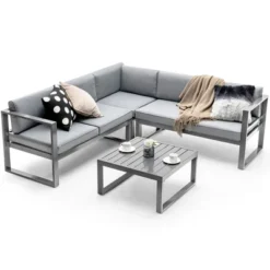 Costway 4PCS Patio Furniture Set Aluminum Frame Loveseat Coffee Table Cushions Deck Grey -Costway GUEST e9ca0b1c 1eee 4abe 9c76 4a671c9ae27a