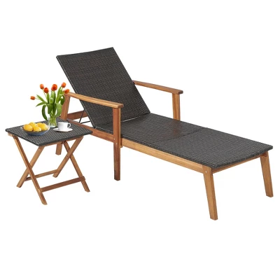 Costway 2PCS Patio Rattan Lounge Chair Chaise Recliner Wood Back Adjust W/Folding Table 3 Costway 2PCS Patio Rattan Lounge Chair Chaise Recliner Wood Back Adjust W/Folding Table