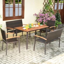 Costway 5PC Patio Rattan Dining Set Acacia Wood Table Top Stackable Chair Bench -Costway GUEST ea38b379 2992 4ff4 805e 7fd5f6abdcb0