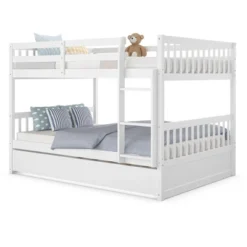 Costway Full Over Full Bunk Bed Platform Wood Bed W/ Trundle & Ladder Rail Brown/White -Costway GUEST eb1f669f 39d6 4f3d 9e20 ffeb9feaad86