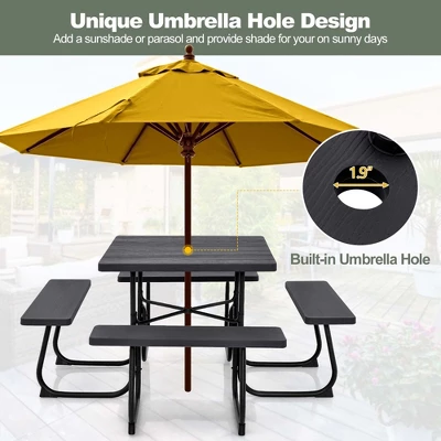 Costway Outdoor 8-person Square Picnic Table Bench Set With 4 Benches & Umbrella Hole Black/Grey/Green/White 6 Costway Outdoor 8-person Square Picnic Table Bench Set With 4 Benches & Umbrella Hole Black/Grey/Green/White - Image 4