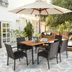 Costway 7PCS Patio Rattan Dining Chair Table Set With Cushion Umbrella Hole Black/Navy