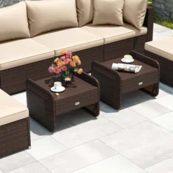 Patiojoy 2 Pieces Outdoor Patio PE Wicker Ottomans With Removable Cushions Footstools Beige/Navy -Costway GUEST ee53b673 5b7b 4406 b586 c26c72837f3a
