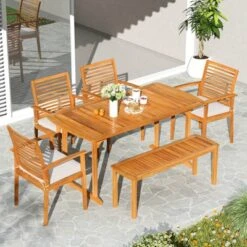 Costway 6PCS Outdoor Acacia Wood Dining Set Rectangle Dining Table With 4 Chairs & Bench