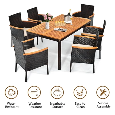 Costway 7PCS Patio Rattan Dining Set Armrest Cushioned Chair Wooden Tabletop 6 Costway 7PCS Patio Rattan Dining Set Armrest Cushioned Chair Wooden Tabletop - Image 4