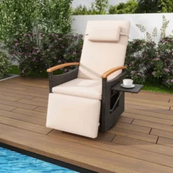 Costway Outdoor 360° Swivel Rattan Recliner Chair Patio Wicker Chaise Lounge Chair Beige/Navy -Costway GUEST ef399ed0 2aac 4886 8a07 8c3356f31dae