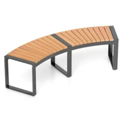 Costway Backless 2-Person Patio Curved Bench With Slatted Seat & Metal Legs Oil Painted