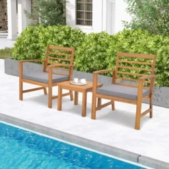 Costway 3 PCS Outdoor Furniture Set Acacia Wood Conversation Set With Soft Seat Cushions White/Grey/Navy -Costway GUEST ef62aea4 7aad 4a99 85c8 46f3e659e571