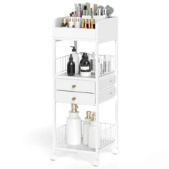Costway Makeup Organizer Cart With 2 Storage Drawers & Lockable Wheels For Perfume, White