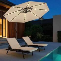 Costway 10 FT Solar Offset Hanging Umbrella Patio Cantilever Umbrella With 32 LED Lights Brown/Turquoise/Beige/Gray/Red -Costway GUEST ef8aca26 eed0 4677 80b9 4a39301fc8dc
