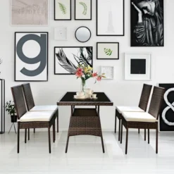 Costway 5 PCS Patio Rattan Dining Set Glass Table High Back Chair Garden Deck Mix Brown -Costway GUEST f03b22e7 4a0a 4a68 9e93 87d838287574