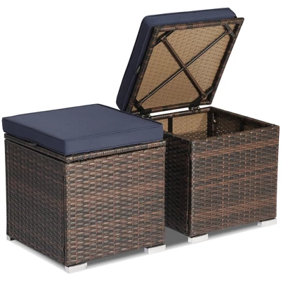 Costway 2PCS Patio Rattan Ottomans Seat Side Table Storage Box Footstool W/Cushions Navy 5 Costway 2PCS Patio Rattan Ottomans Seat Side Table Storage Box Footstool W/Cushions Navy - Image 3